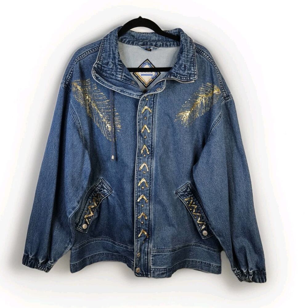 VTG 90s Coat Jacket Large Denim Oversized Puff Paint Embellished Southwestern
